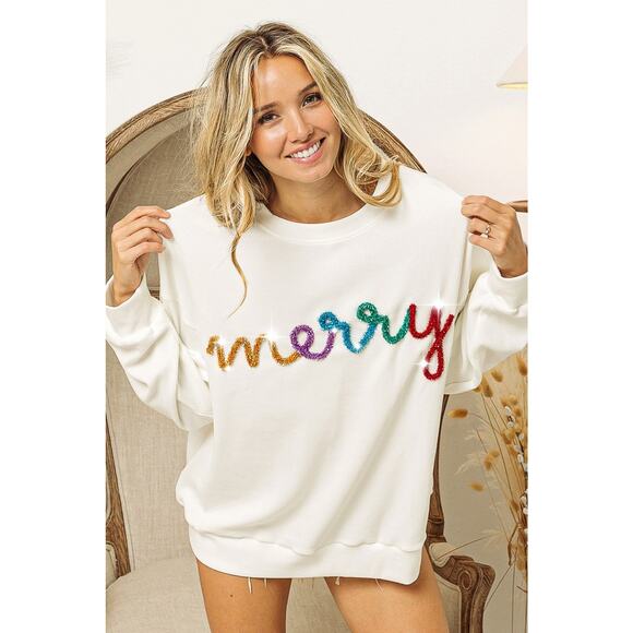BiBi White Holiday Merry Tinsel Lettering Drop Shoulder Sweatshirt NEW Medium - Picture 2 of 7